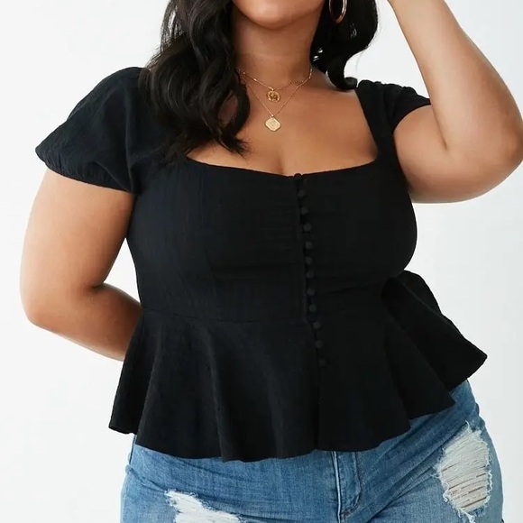 Forever 21 Tops - Forever 21 Black Peplum Top Puff Sleeve Square Neck Button Front Plus Size 3X
